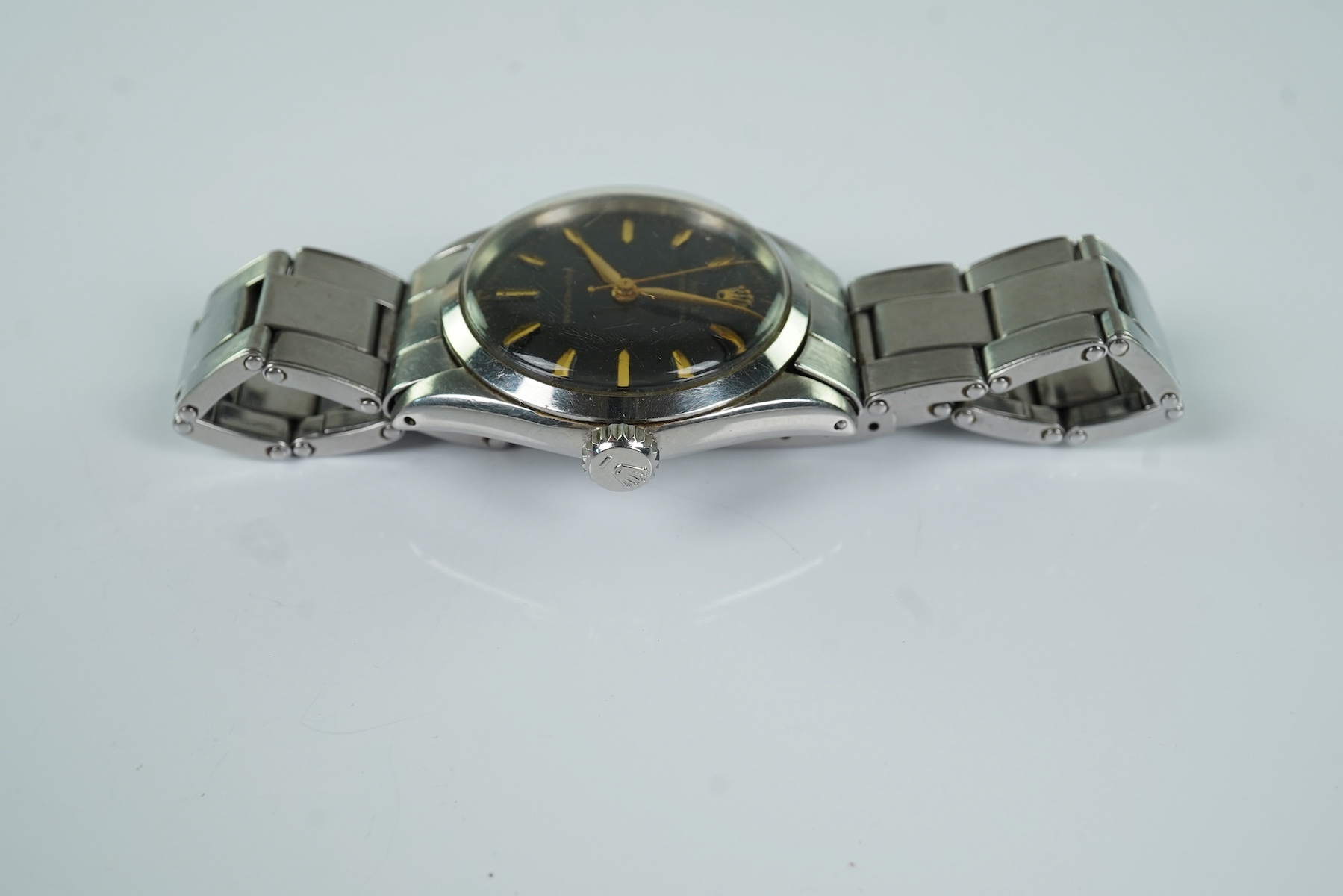 A gentleman's 1950's stainless steel Rolex Oster Royal shock-resisting manual wind mid-size wrist watch